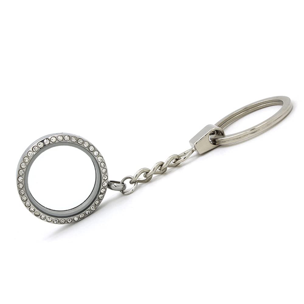 30mm Living Floating Charm Memory Locket Keyring Round Crystals Keychain DIY Magnetic Closure Key Ring Silver