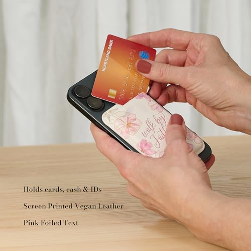 Image of Christian Art Gifts Women's Slim Magnetic Phone Wallet: Walk by Faith Encouraging Bible Verse, MagSafe Compatible, Cash & Card Holder Accessory, Faux Leather, White /Pink Multicolor Floral, 3.8 inch x 2.5 inch