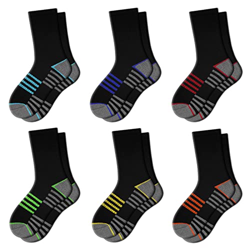 Comfoex Boys Crew Socks For Kids 4-10 Years Old Athletic Long Socks With Cushioned Sole 6 Pairs