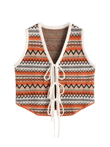 MakeMeChic Women's Striped V Neck Tie Front Sleeveless Knit Cropped Sweater Vest Top