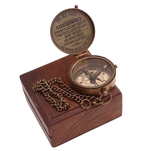 Brújula de latón grabada con caja de madera vintage