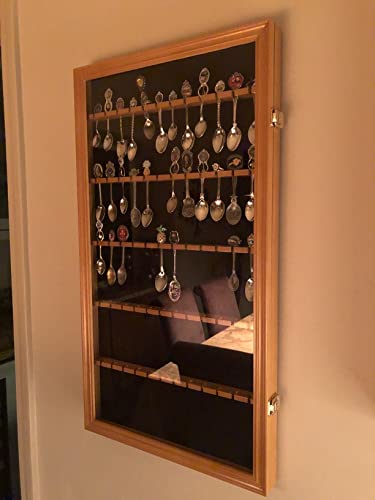 60 Souvenir Spoon Tea Spoon Display Case Rack Holder Wall Cabinet Solid Wood Frame With Uv Protection Lockable Door (Oak Finish) #TOP5