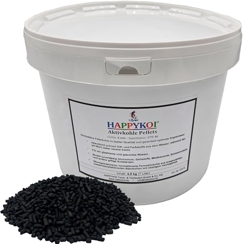 HAPPYKOI Aktivkohle Pellets Ø4 mm - Inhalt: 4 5 kg (8 5 Liter) | Hochaktive Formaktivkohle + Filtermedienbeutel Koi Teich Aquarium Filter klares Wasser Dunstabzugshaube Raumluftreinigung