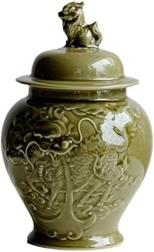 Ceramic Tea Caddy Celadon Hand-Embossed Kirin Tea Storage Jar Chinese Tea Set Container Candy Nut Coffee Bean Cereal Sealed Jar Tea Storage Container Color B, Size 850ml