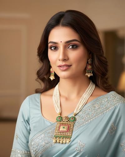 Image of Mansiyaorange South Indian Temple Style Long Pearl Rani Haar with Floral Necklace & Earrings | Traditional Gold Plated Kempu Kundan Stone Jewelry Set for Women