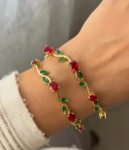 Image of Fairy Bloom Floral Tulip Bracelet With Red Green Crystal Stones For Girls & Women | Elegant Anti Tarnish Golden Chain Link Floral Branches Bracelet | Lightweight Jewellery For Daily Wear & Gifts