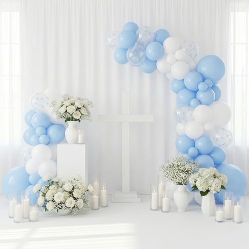 Image of HILAVO Blue Bow Balloons, 12 Inch Pastel Light Blue Transparent White Bow Print Coquette Balloon for Girls Birthday Bachelorette Party Bridal Baby Shower Wedding Anniversary Decorations Supplies