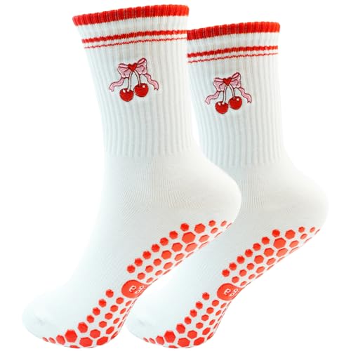 Pilates Socks with Grips for Women Yoga Grippy Socks Cute Heart Cherry Bow Pattern Barre Non Skid Athletic Crew Sticky Sock Gym Fitness Hospital White Sock