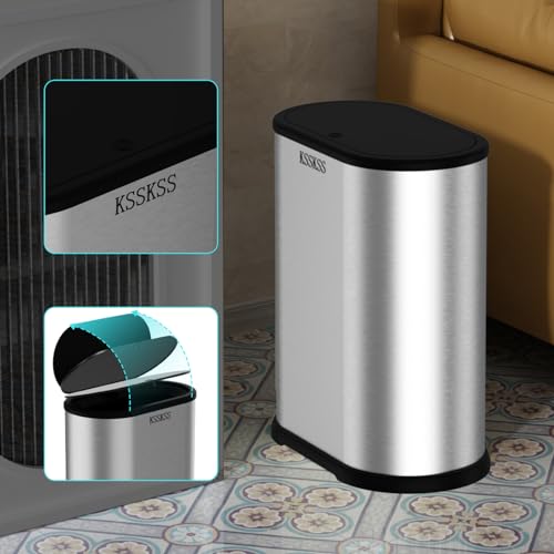 Image of KSSKSS 1.8 Gallons Small Stainless Steel Trash Can with Press Type Lid, Slim Bathroom Garbage Bin, Removable Liner Bucket, Dog Proof Narrow Wastebasket with Pop-Up Lid for Bedroom,Toilet (Silver)