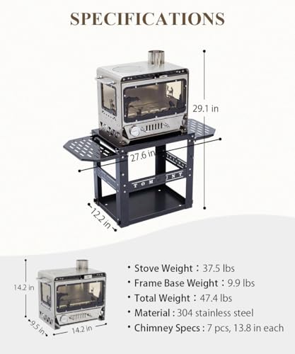 Image of TOMOUNT Hot Tent Stove,Wood Stove with Frame Base,with 7 Chimney Pipes,304 Stainless Steel with heat-resistant Glass Window