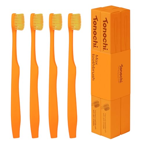 Image of Max Extra Soft Toothbrush for Adults with Sensitive Gums, Soft Bristle Toothbrushes, Wide Head for Back Teeth, Ergonomic Non-Slip Grip, BPA Free, Individually Wrapped, 4 Pack, Sunset Orange