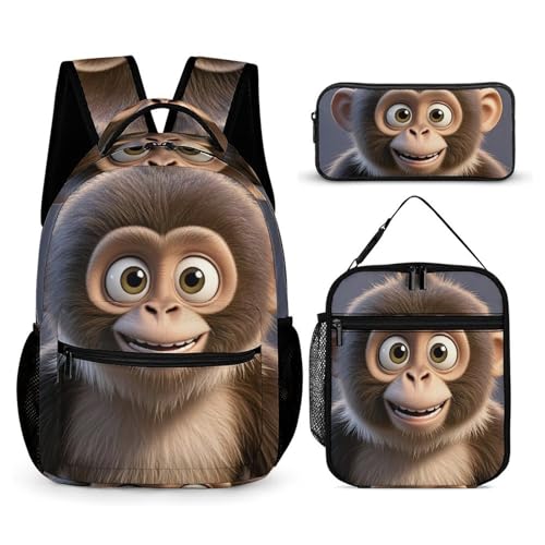Cartoon Brown Monkey Backpack Set 3 Piece, Durable Backpack Insulated Lunch Bag Portable Pencil Case for Men Women