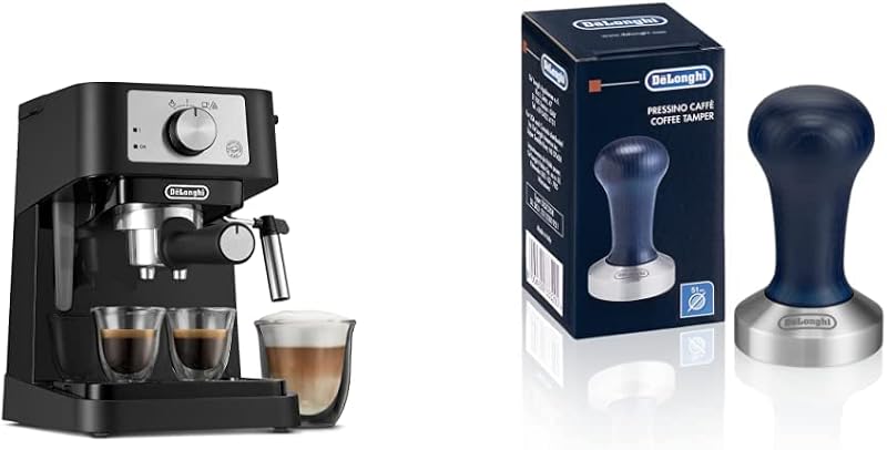 Stilosa Máquina de café expreso manual, máquina para hacer café con leche y capuchino, presión de bomba de 15 bares + varilla de vapor para espumador de leche manual, negro/inoxidable, prensador de café EC260BK y DLSC058