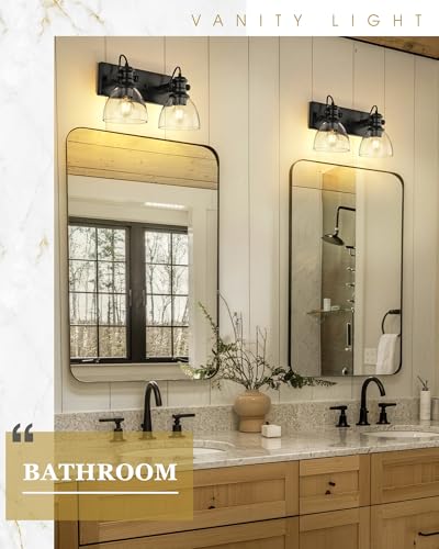 Image of 2-Light Black Bathroom Vanity Light Over Mirror, Clear Glass Shade | 16 inch Retro Vintage Vanity Lighting Fixture, E26 Base, Long Base Metal Frame, Ideal above Bathroom Mirrors, AD-22151-2W-BK