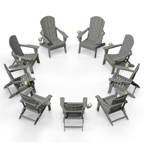 Image of Plawdlik Folding Adirondack Chair 9-piece Set, Cup Holder, Gray | pin-free folding, 38-in tall back, Wood-grain All-weather HDPE; for fire pit, poolside, deck, backyard, patio