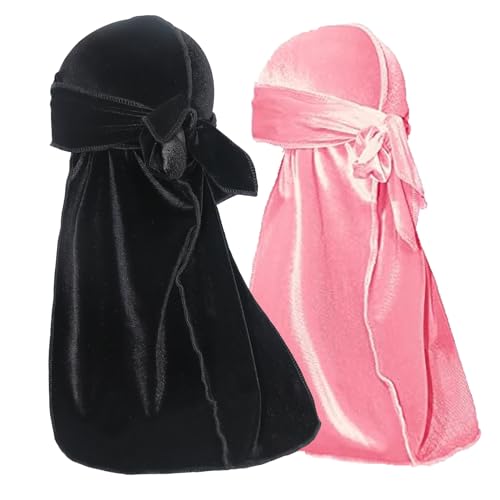 Velvet Durag for Men Velvet Dorag for Waves 2 Pieces Due Rag for Men Women (Black Pink)