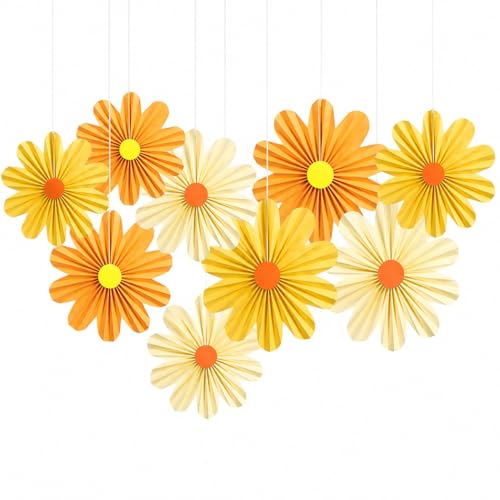 Flores de papel de margarita plisadas color amarillo vibrante y crema