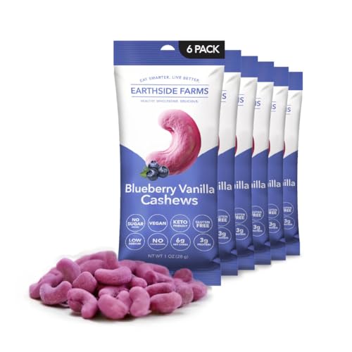 Image of Earthside Farms Blueberry Vanilla Cashews Snack Packs, 6 Count, 1oz Single Serve, No Added Sugar, Keto, Vegan, Gluten Free. Candied Nuts Candied Cashews