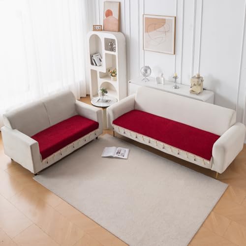 Image of HOKIPO 'Serenity Tassel' Chenille Sofa Cover 3 Seater and 2 Seater with Tassels | Crimson Ruby (IN-891 + IN-892 - MRN)