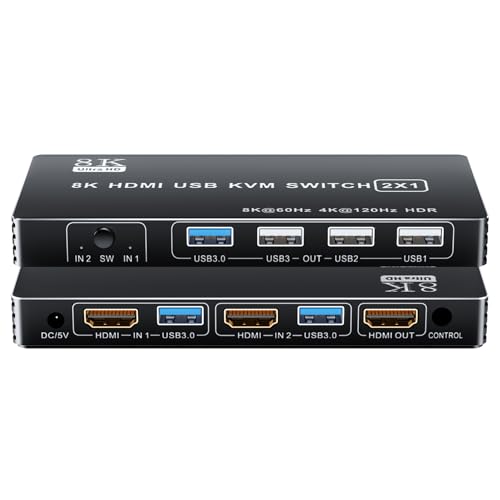 8K HDMI KVM Switch 1 Monitor 2 Computers, BolAAzuL USB 3.0 HDMI KVM Switcher w/Desktop Controller for Nvidia AMD Xbox Series X S PS5/4 pro (without Keyboard Hotkey Switching)