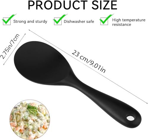 Image of Baskety Non-Stick Rice Spoon Silicone Ladle Soup Spoon with Handle for Dining Table 22.3 x 6.8 cm (Pure Black)