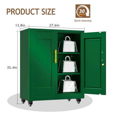 Image of 35 inch Lockable Rolling Metal Storage Cabinet, Steel Office File Cabinet | Garage Cabinet with Wheels & 2 Adjustable Shelves, Freestanding Tool Cabinet for Home, Office & Garage Storage, Green