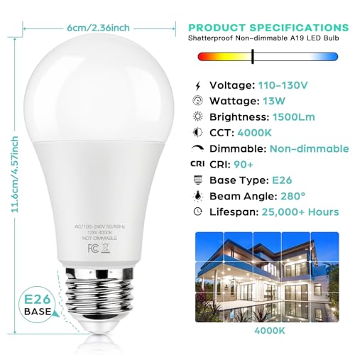 Image of LED Light Bulbs 100W Equivalent 1500 Lumens, A19 13W 4000K Neutral White Non-Dimmable, Super Bright No Flicker Standard E26 Edison Screw Bulbs for Home, Bedroom, Office Lamp, 12-Pack
