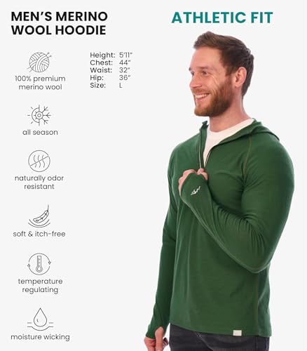 Image of Merino.tech 100% Merino Wool Hoodie Men - Slim Fit Merino Wool Base Layer Mens Half Zip Thermal Long Sleeve Shirt and Socks