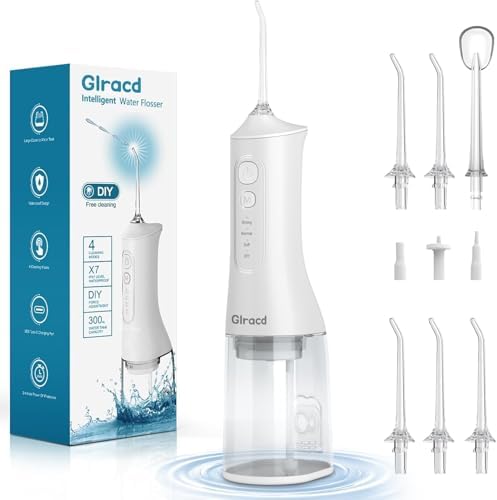 Glracd Vincitore del test per l'irrigatore orale 2025, 4 modalità, innaffiatore d'acqua professionale, senza fili, serbatoio da 300 ml, detergente interdentale con 6 punte a getto di pressione