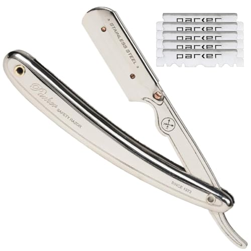 Parker SR1 Stainless Steel Straight Edge Barber Razor – Professional Shavette for Barbers & Home Use with 5 Premium Platinum Half Blades – Replaceable Blade Straight Razor for Close, Smooth Shaves