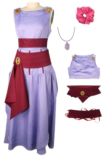 Lumiauio Womens Megara Princess Dress Cosplay Costume Suit Meg Halloween Outfits Purple Sleeveless Dress Girdle Full Set (Purple Short Medium)