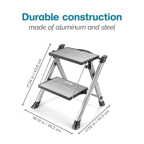 Image of Polder Easy-Close Aluminium 2-Step Stool, Ladder with Non-Skid Feet, Folding Step, Top Step Height - 1.4 feet