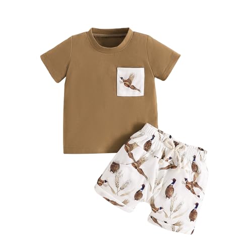 Image of Rtnnsbbfcm Toddler Baby Boy Hunting Outfit Mallard Duck Print Short Sleeve Pocket T-shirt Top Shorts Set Summer Clothes