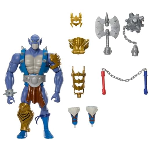 Masters of The Universe Origins & Thundercats ca. 14 cm große, bewegliche Actionfigur Panthro, 1980er Crossover-Spielzeug, abnehmbare Rüstung, Streitkolben und Axt und Mini-Comic, JFW97