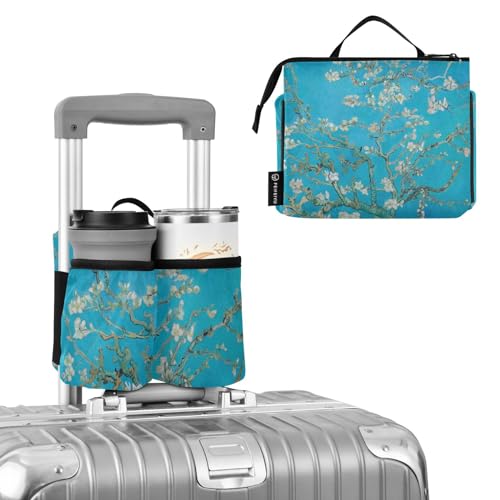 Image of Luggage Cup Holder for Suitcases Free Hands Suitcase Cup Holder Travel Luggage Drink Holder Portable Luggage Cup Caddy Bag Carrier with Handle Van Gogh Apricot Flowers
