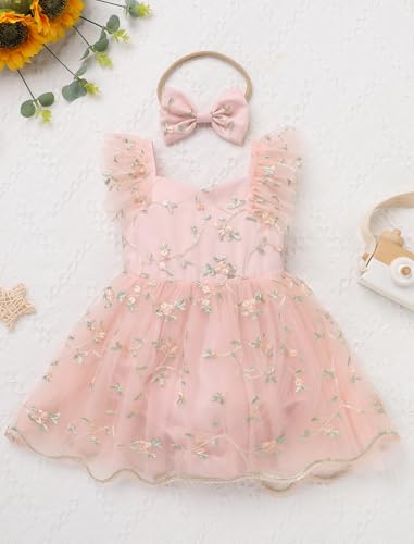 ODASDO Baby Girls Floral Embroidery Tulle Tutu Romper Dress Headband Set for First Birthday Party Cake Smash Wedding2