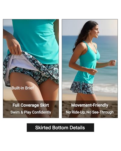 Image of Daci Womens Tankini Swimsuits with Skirt 2PC Bathing Suit | Tummy Control, V Neck, Full Coverage, Removable Pads, High Waisted Skirt, Side Drawstring, Adjustable Straps, Beach, Pool