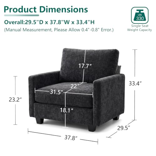 Image of Singel Seat Modern Couches for Living Room, 38 inch Single Sofa with Storage | High Resilience Foam, 22 inch Seat Depth, Movable Ottoman, Comfy Chenille, Easy Assembly, Black