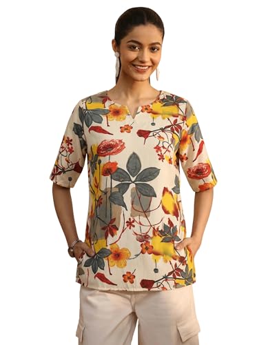 Image of Pinkmint Women Short Kurti | Cotton Blend Printed Tunic Top | Trendy Casual Top | Casual & Office Wear Ethnic Top for Jeans