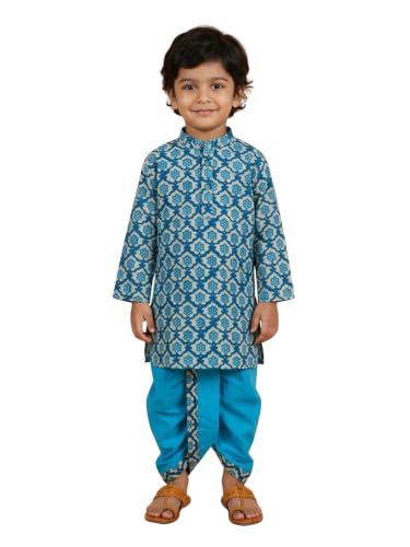 Image of The Mom Store Baby /Kids Boys Dhoti Kurta Set | Dhoti and Kurta | 100% Cotton | Comfortable | Ethnic | Festive Look | Block Prints | Colored Dhoti | Blue