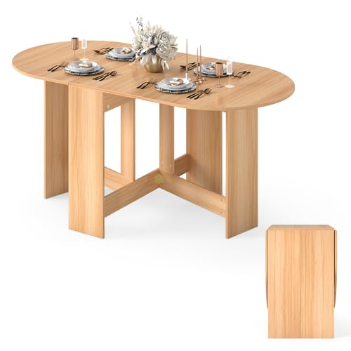 GIANTEX Mesa de Comedor Plegable de Madera para 4-7 Personas, 163 x 80 x 75 cm, Mesa Ovalada Multifuncional con Tablero Extensible, para Comedor, Salón, Dormitorio (Natural)