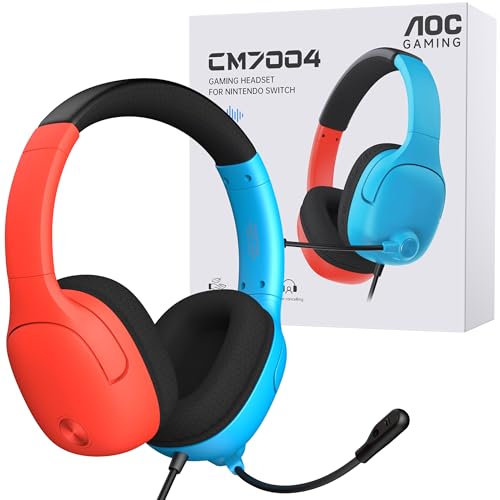 AOC Gaming Headset for Nintendo Switch 2/OLED/Lite, Wired Gaming Headphones with Mic, 3.5mm Stereo Gaming Headset with Noise Cancelling Microphone for PS5, PC, Fortnite(Red/Blue)
