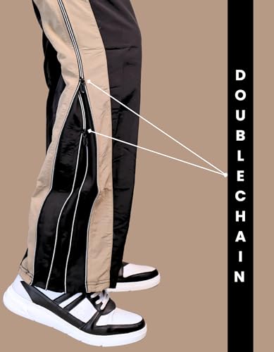 Image of Men's Track Pants, Loose Fit Bootcut Style, Black with Beige Side Stripe,Sports Track Pant for Men | Track Pant Men | Men Stylish Track Pant Boot Cut Style