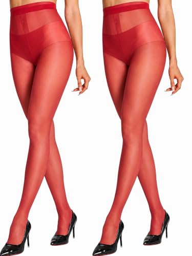 Image of HONENNA Sheer Tights for Women 2 Pairs Ultra Thin Reinforced T Crotch Control Top Pantyhose Stockings