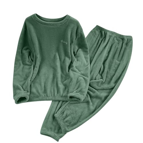 Women 2025 Fleece Pajamas Set Long Sleeve Lounging Warm Sleepwear High Elastic Crewneck Loungewear Sherpa Night Pants Pajama Fuzzy Green