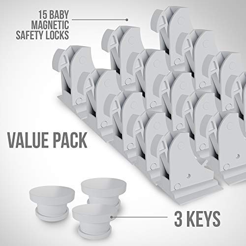 TinyPatrol 15 Locks with 3 Keys Baby Safety Cabinet Lock [EASY SET UP] Magnetic Cabinet Locks RELIABLE and DURABLE BABYPROOFING for Cabinets, Drawers [INVISIBLE LOCKS -OUTWIT SMART TODDLERS]