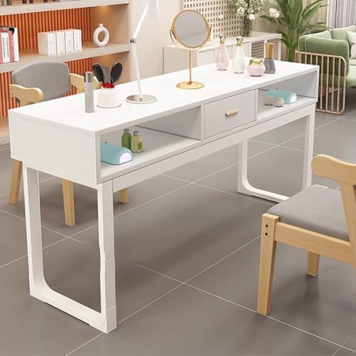 TT-YEB(売店) ダブルストレージと引き出しを備えた大きなプロのマニキュアテーブル、メタルフレームの木製マニキュアテーブル、サロンネイルテクニシャンテーブルワークステーション、オリジナルウッド/ホワイト,Al120cm