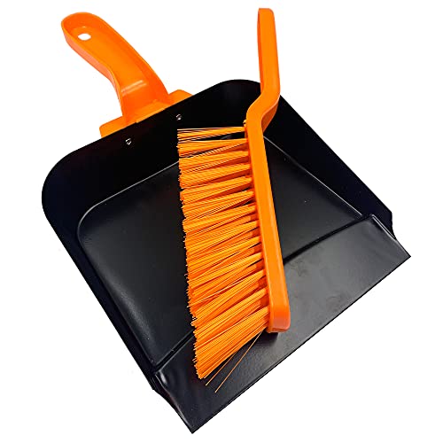 Metal Dustpan and Brush Heavy Duty – Strong Steel Large Capacity Garden Dustpan and Brush Set, PVC Stiff Hand Brush and Pan for Home and Garden Cleaning (Metal Dustpan and Stiff Brush)