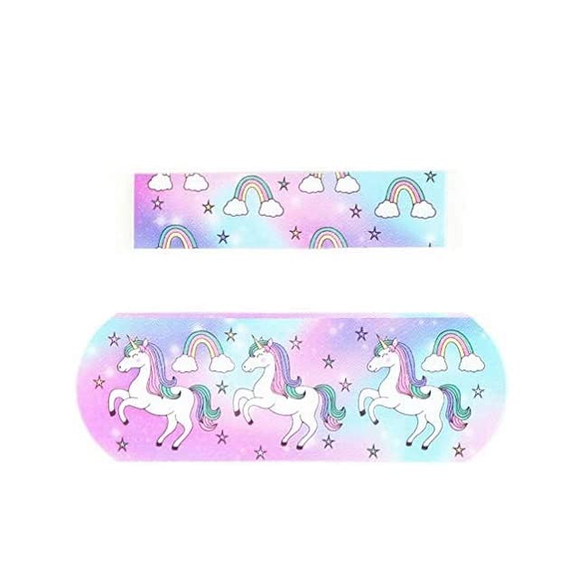 60 tiritas de unicornio arcoíris para niños, suaves, flexibles y a prueba de lavado, 2 tamaños