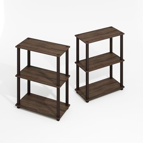 Image of Furinno Turn-S-Tube Storage Shelves Set of 2, 3-Tier Book Shelf, Corner Shelf, Toolless Open Shelves, Square Tubes, for Organization and Storage, Living Room, Garage, Home Office, Black Walnut